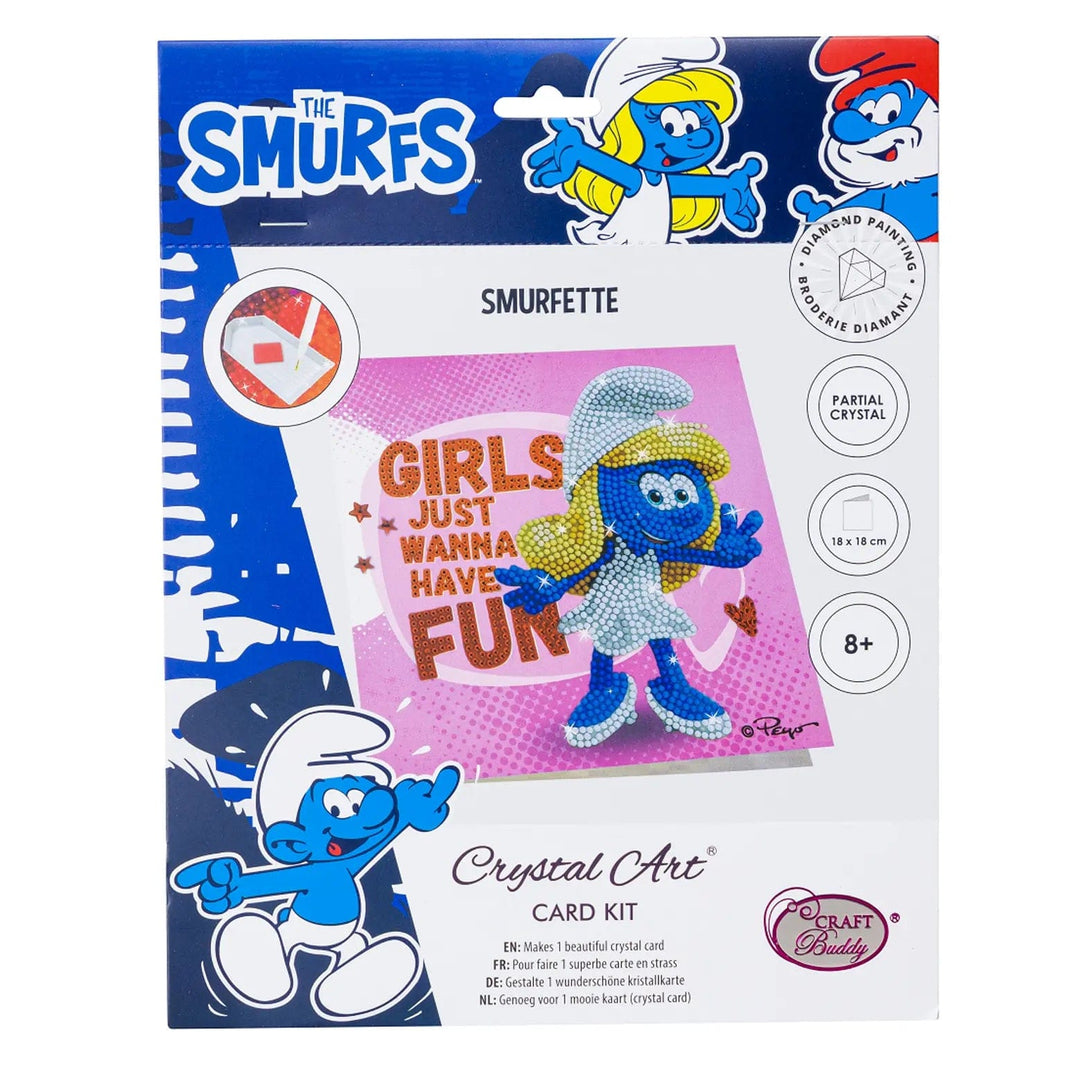 Smurfette Crystal Art Card Kit featuring girls just wanna have fun slogan