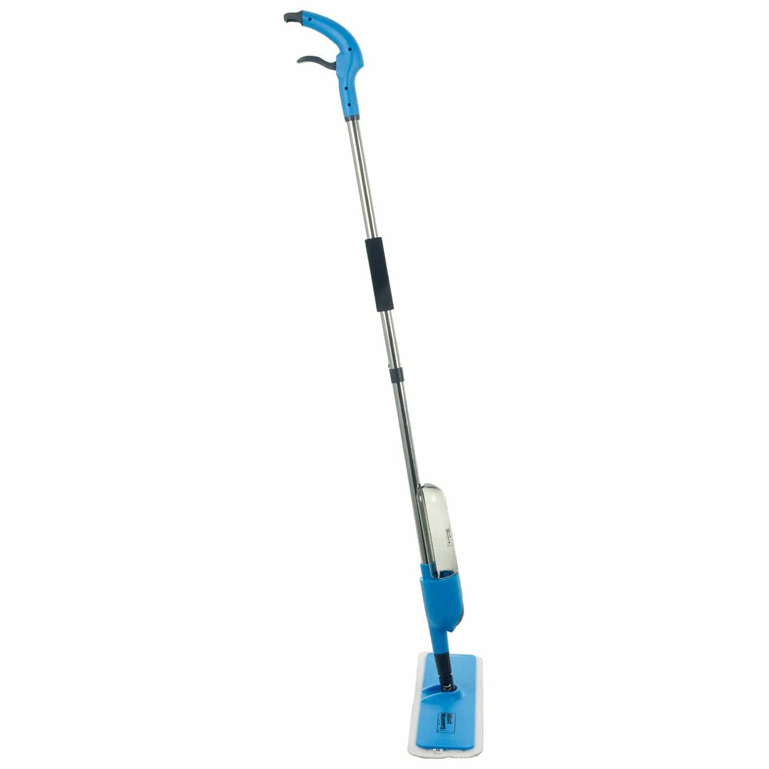 Side view of Mud Mummy spray mop with water reservoir, blue head and handle