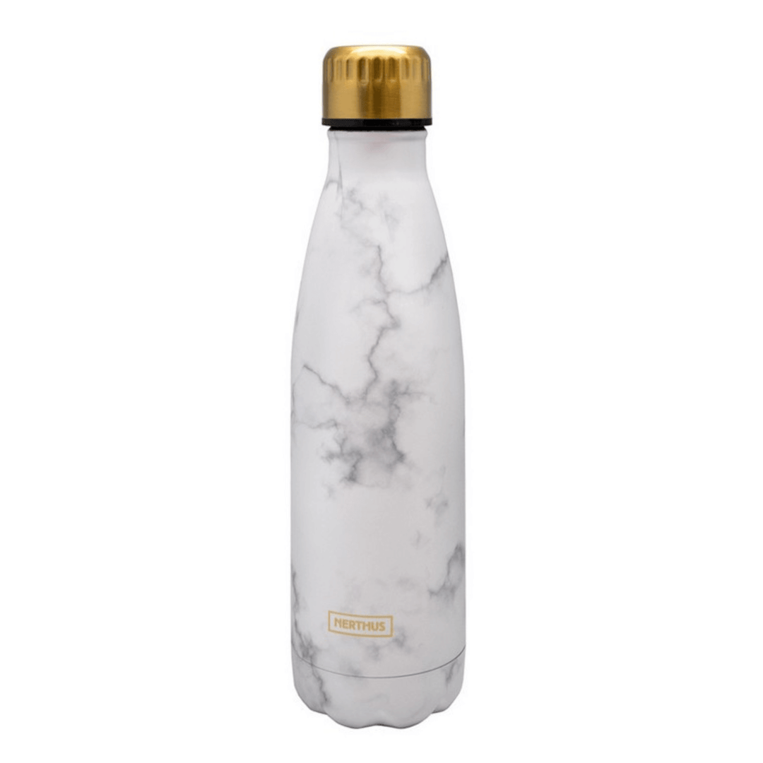 nerthus double wall drinks bottle featuring marble detail with gold branding details and lid