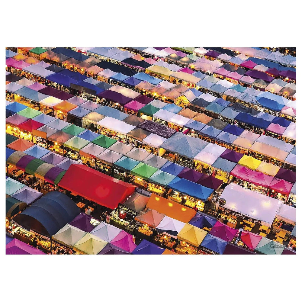 Image of a market in Bangkok Thailand with brightly coloured stall roofs