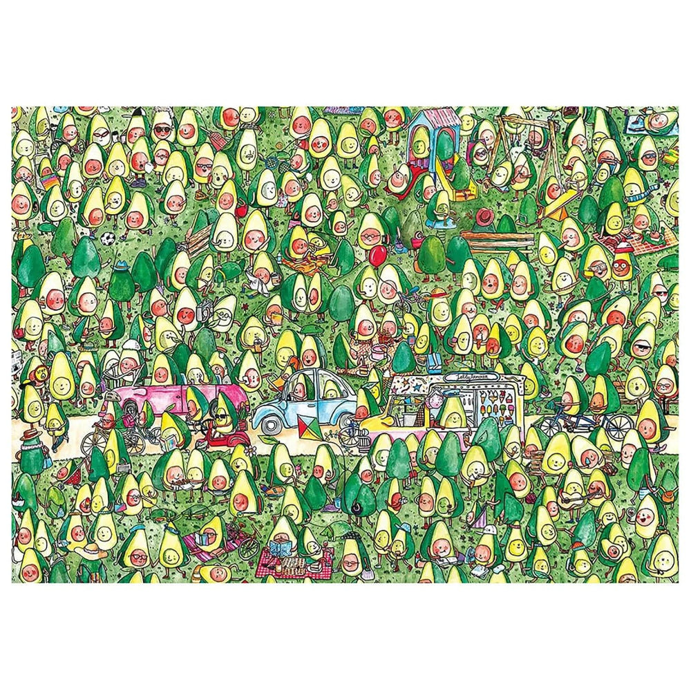 Funny scene illustration of avocado characters enjoying a busy day in the park