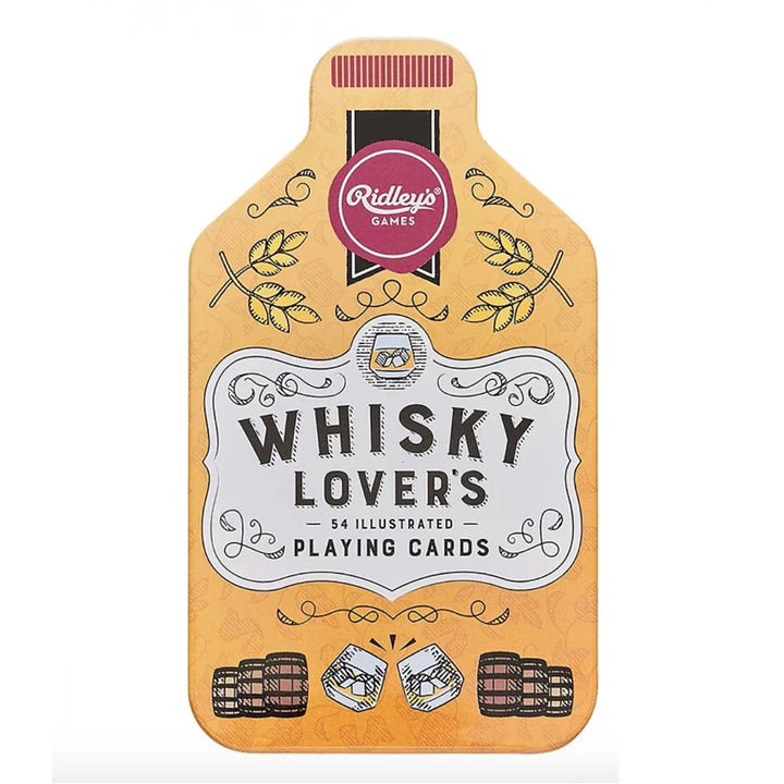 Bottle shaped tin of whisky lover's illustrated playing cards