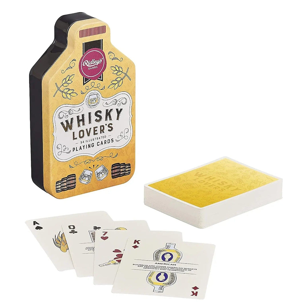 Whisky lover's playing cards in a bottle shaped tin with illustrated deck