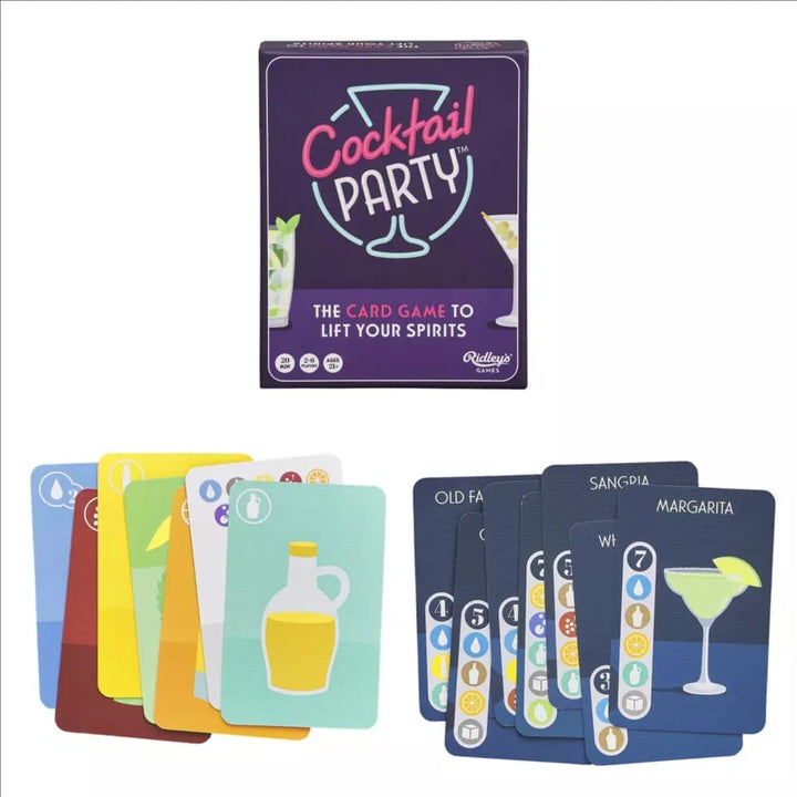 Contents of the box of Cocktail Party card game with ingredient cards