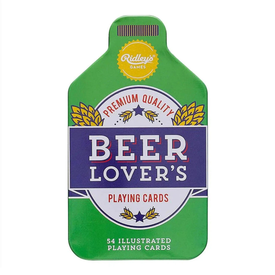 Green bottle shaped tin of beer lover's illustrated playing cards