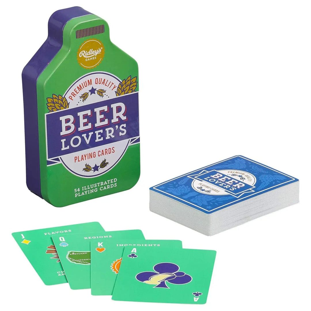 Beer lover's deck of playing cards with a green bottle shaped storage tin