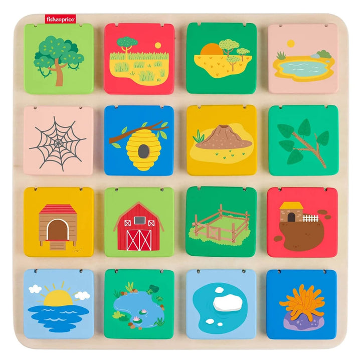 Wooden lift and reveal board with colourful animal habitat panels on a beige background