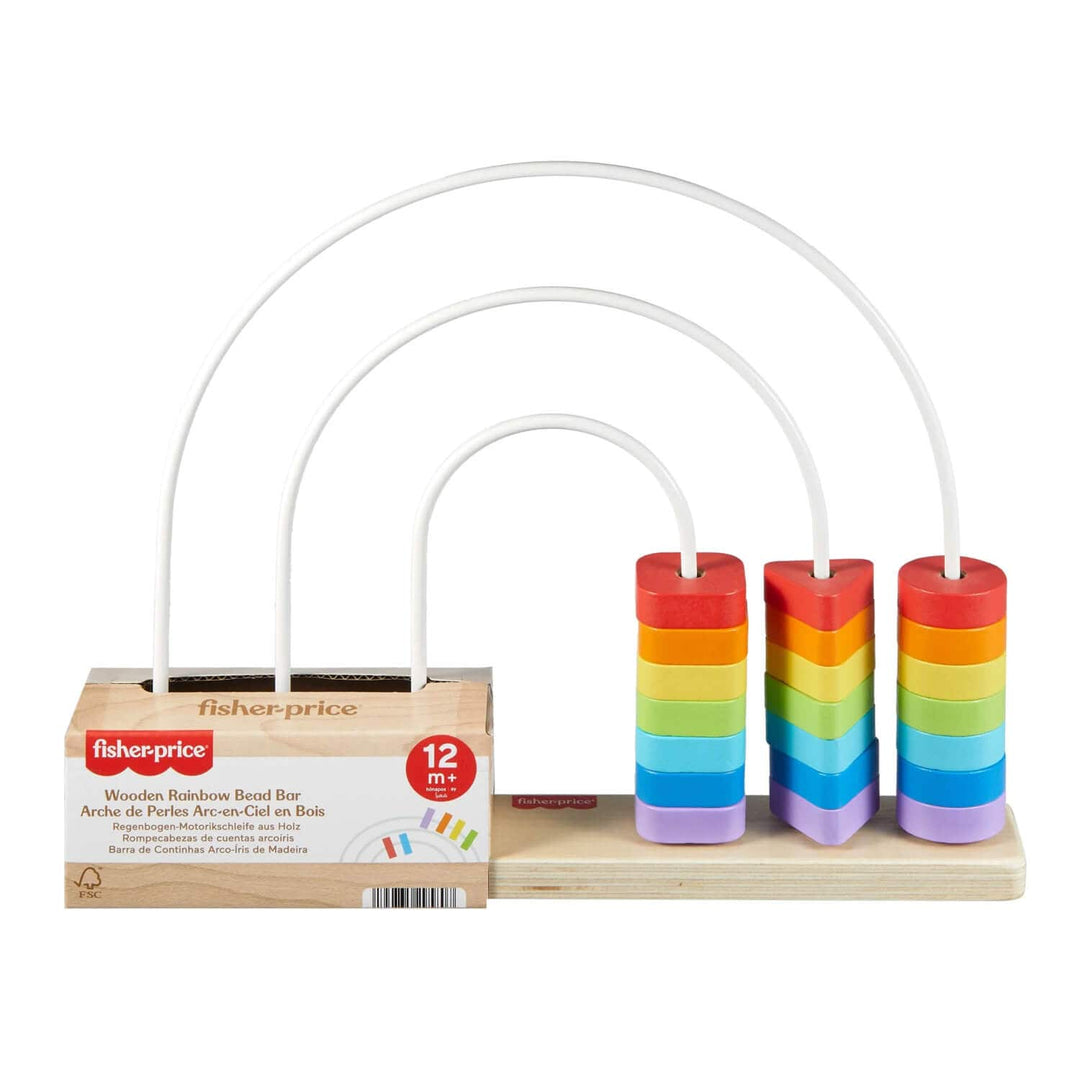 Fisher-Price wooden rainbow bead bar with colourful shapes on a white background