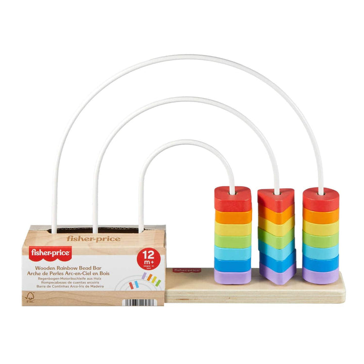 Fisher-Price wooden rainbow bead bar with colourful shapes on a white background