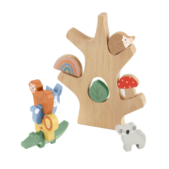 Wooden toy set with animal figures and a tree-shaped structure on a white background