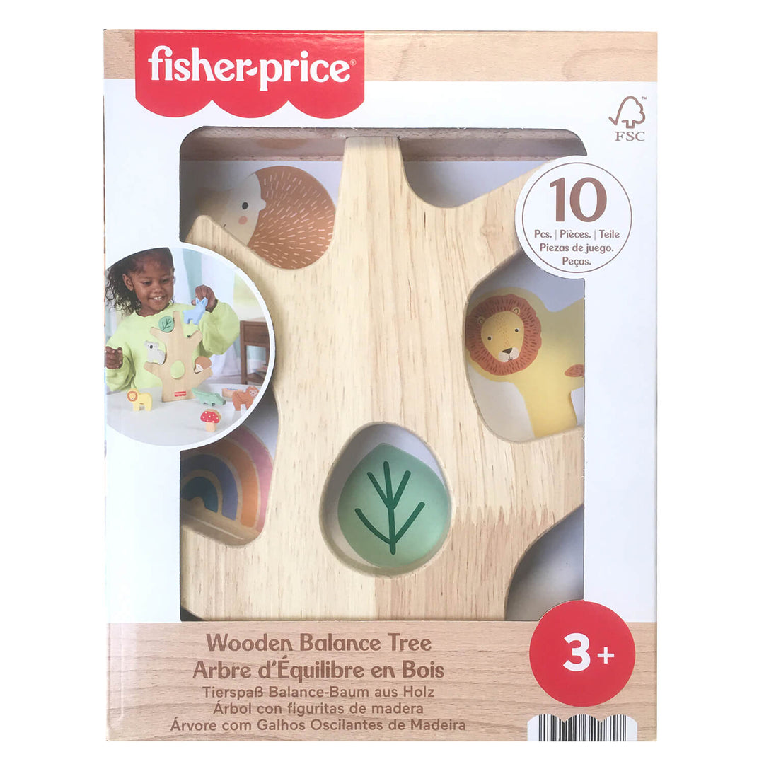 Fisher-Price wooden balance tree toy packaging on a white background