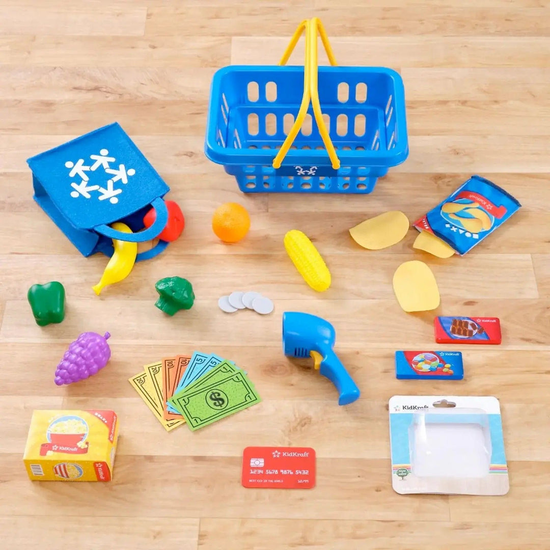 30 accessories laid out for a supermarket self service checkout play centre