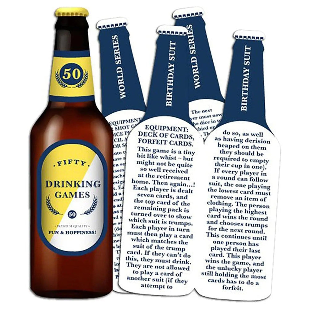 Back of the bottle of beer shaped cards with drinking games instructions