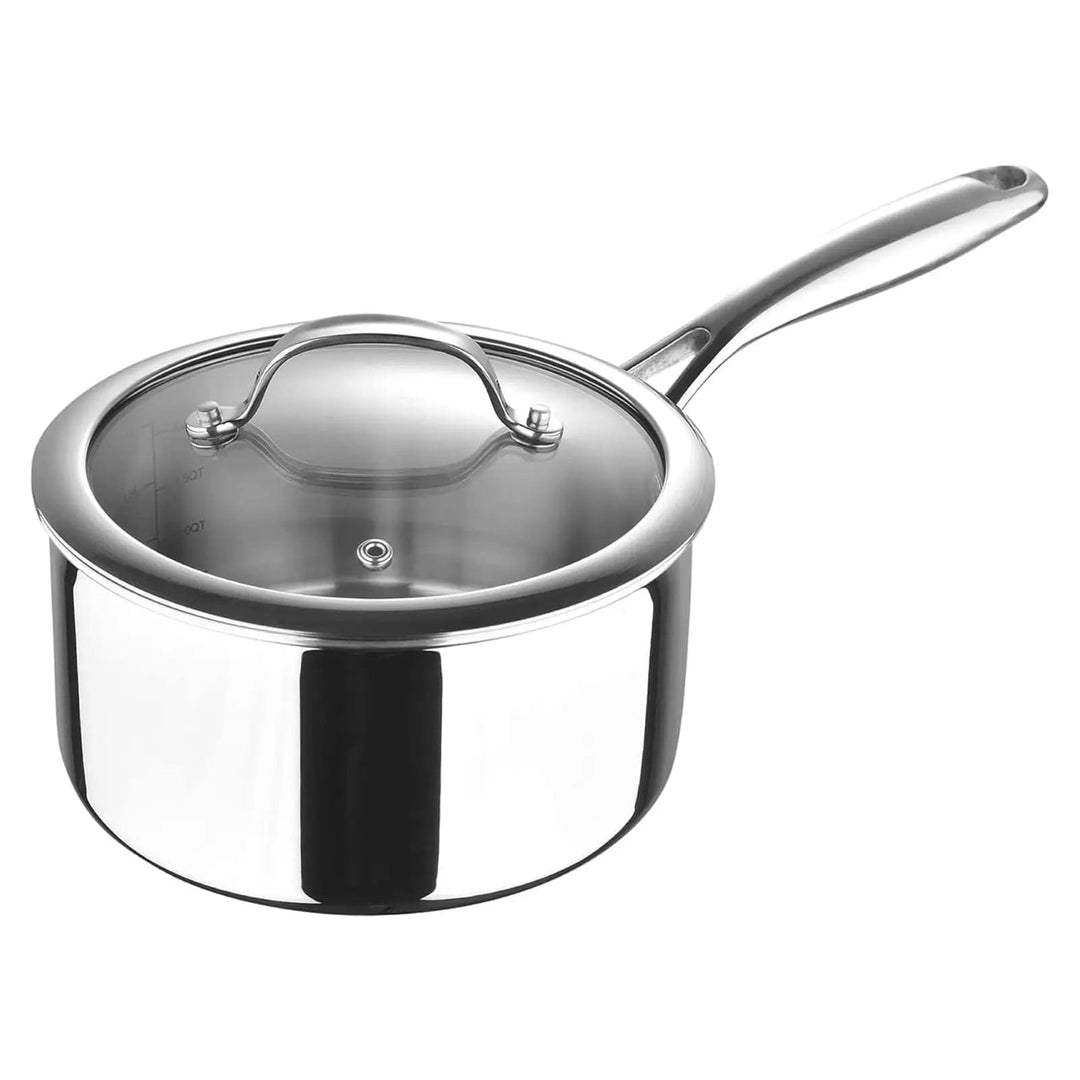 Polished stainless steel saucepan with lid and steam vent