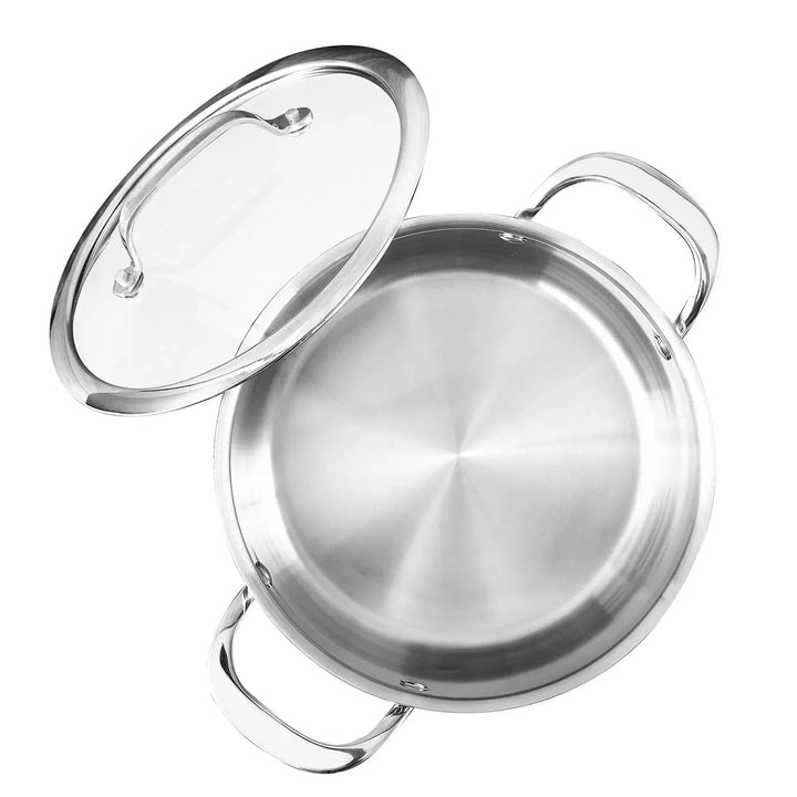 Top view of a silver stainless steel dutch oven dish with glass lid