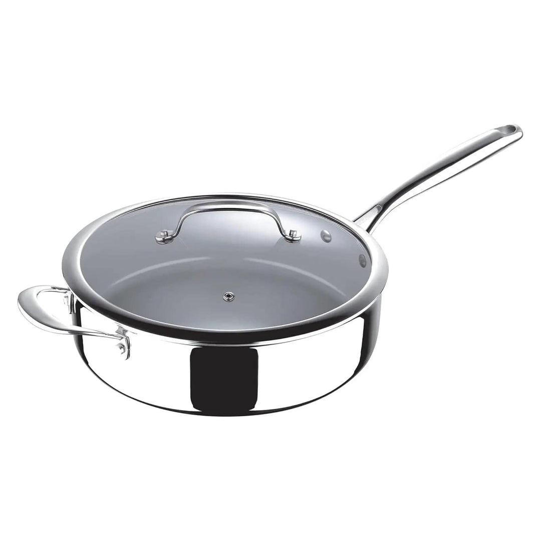 Stainless steel large saute pan with glass lid and helper handle