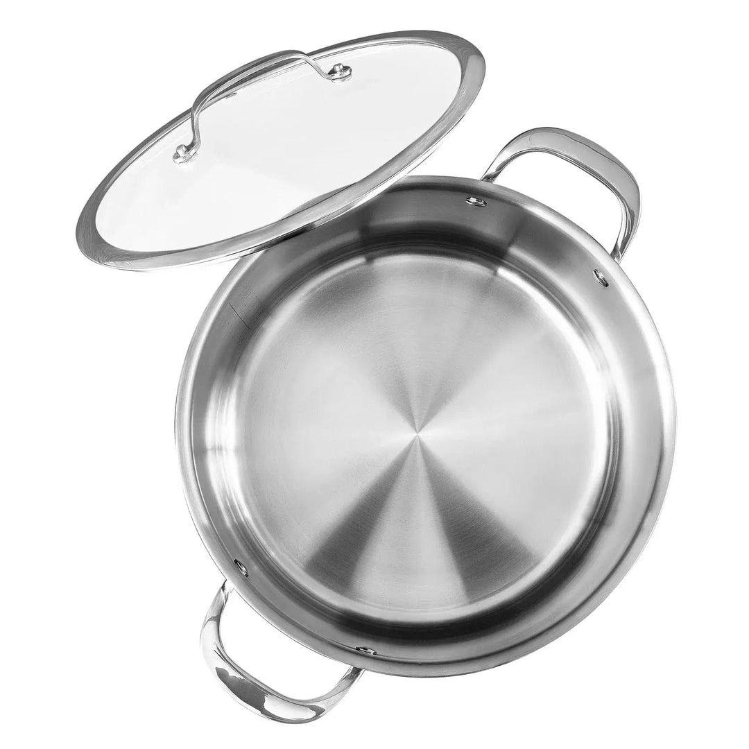 Top view of a 2 handled stainless steel stock pot with glass lid