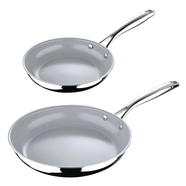 Grey ceramic coated stainless steel frying pans with silver handles