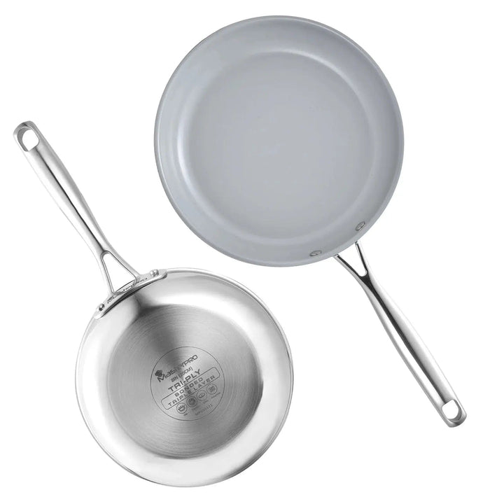 Set of 2 frying pans with grey ceramic non-stick coating and silver stainless steel finish