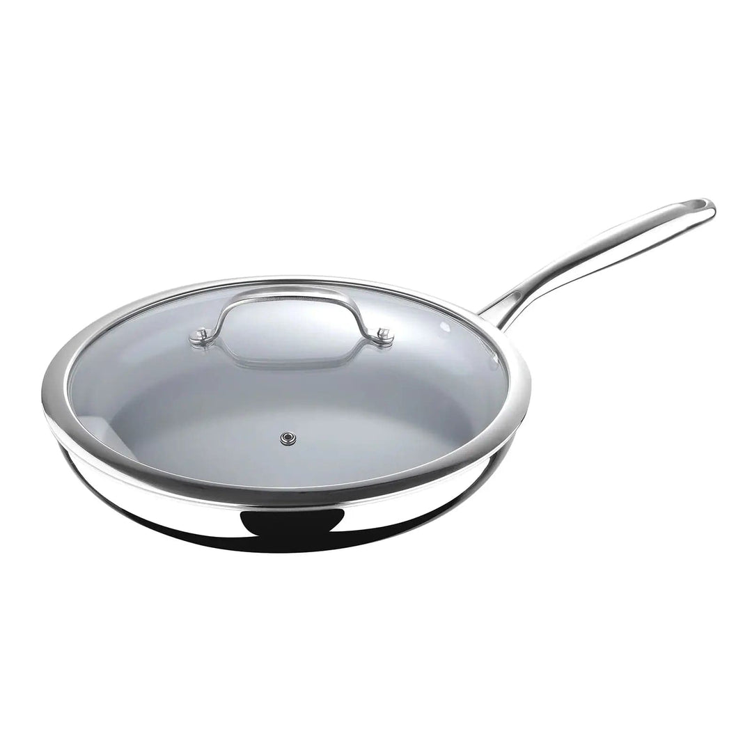 Large silver frying pan with glass lid for one pan meals