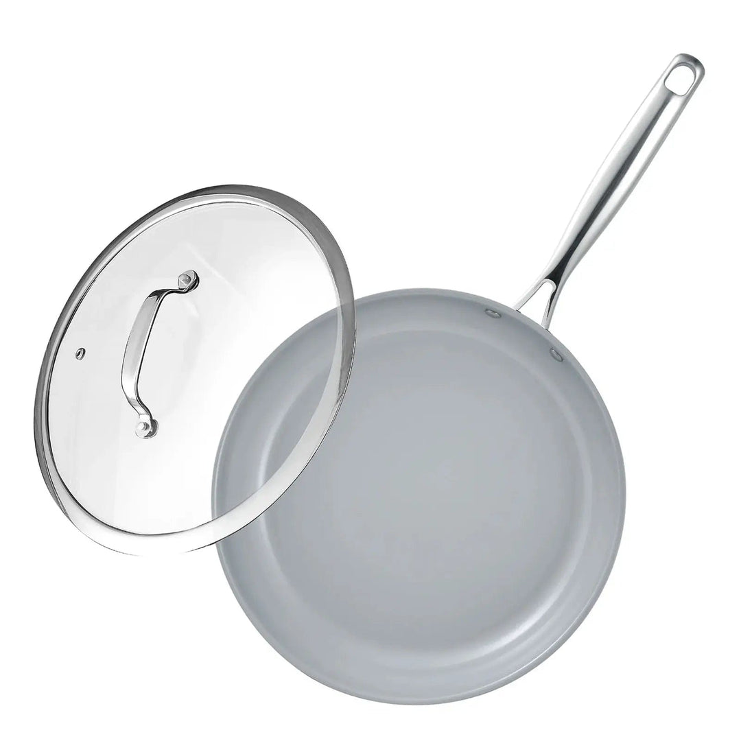 Top down view of a large frying pan with lid and grey ceramic non-stick coating