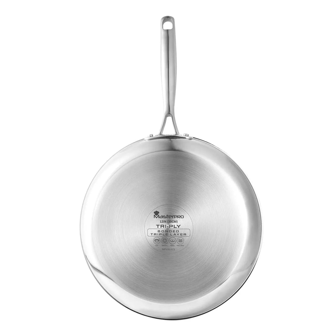 Base of MasterPro 30cm Tri-Ply frying pan in stainless steel