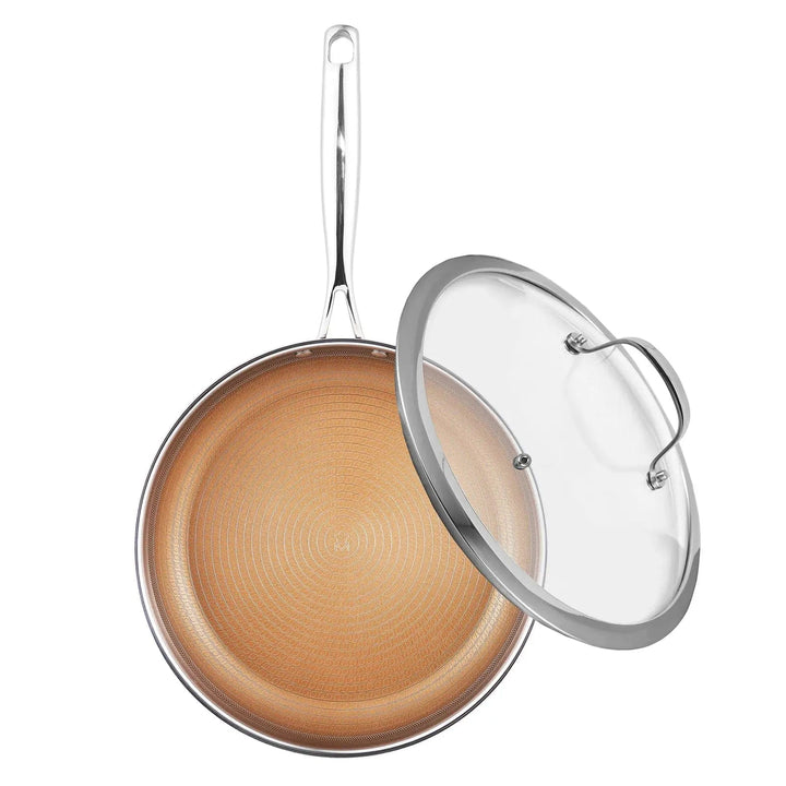 Large frying pan with gold finish interior and a glass lid