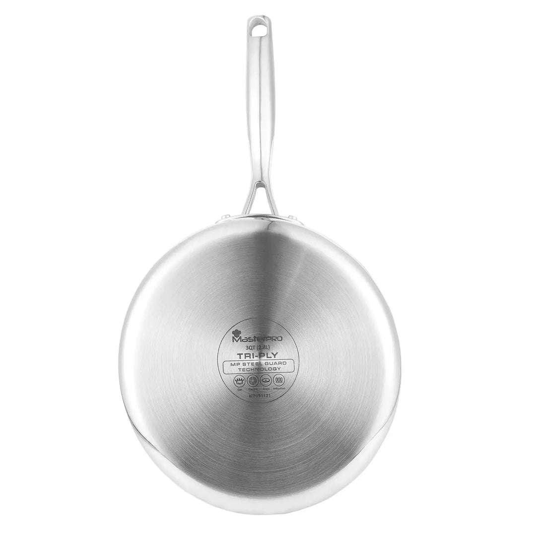 Base of a MasterPro stainless steel saute pan with steel guard technology