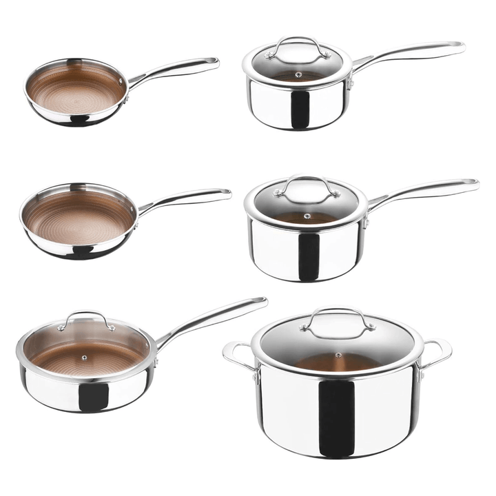 10 piece giro stainless steel cookware seat featuring frying pans, saute pans, saucepans and a stockpot