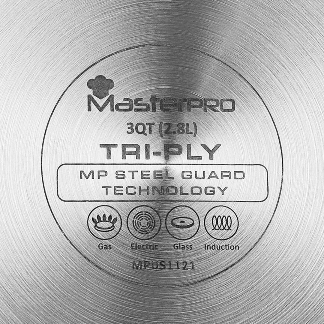 master-pro logo with tri-ply details laser etched into base of 2.8l saute pan