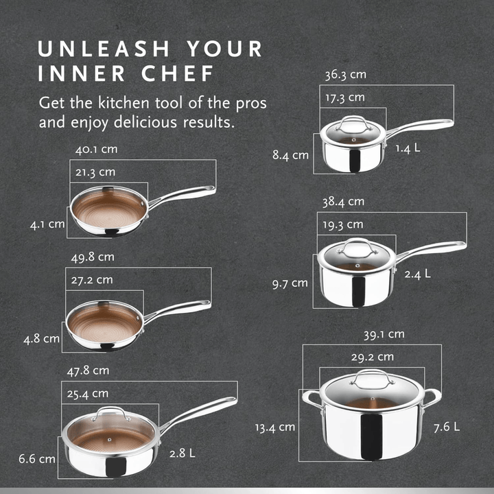 graphic sharing measurement details of each pan and pot included in the cookware set