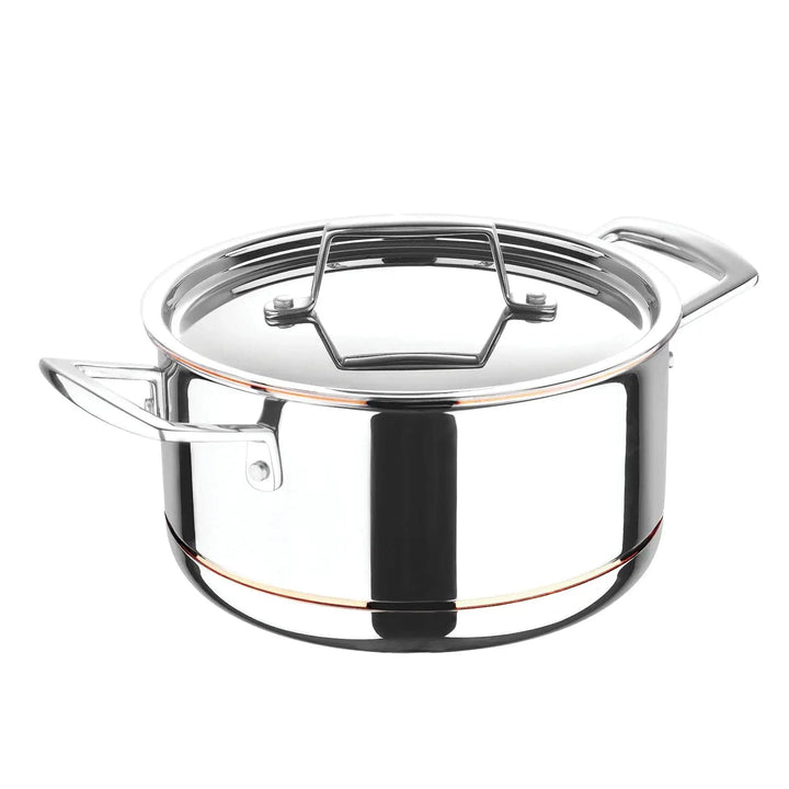 Polished stainless steel soup pan with copper detail and silver lid