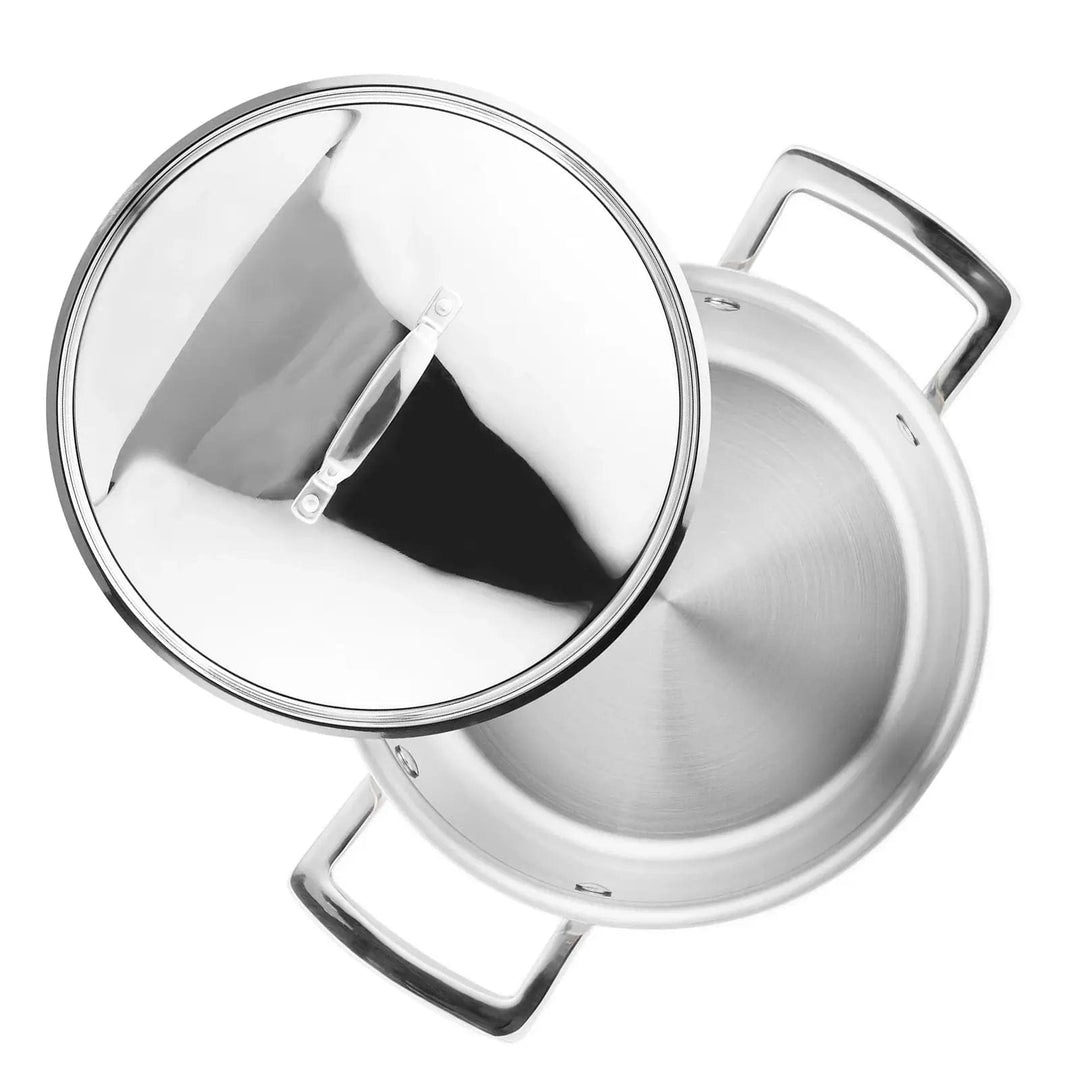 Overhead view of a stainless steel soup pout with lid