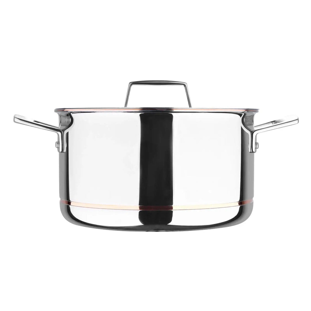 Side view of a highly polished stainless steel casserole oven dish with lid