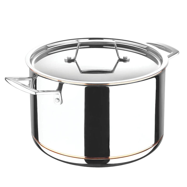 Highly polished stainless steel stock pot with lid and copper band