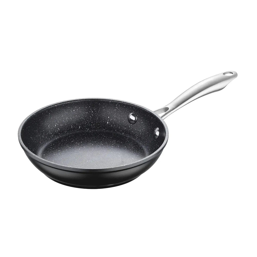 20cm black non-stick frying pan with marble effect coating and stainless steel handle