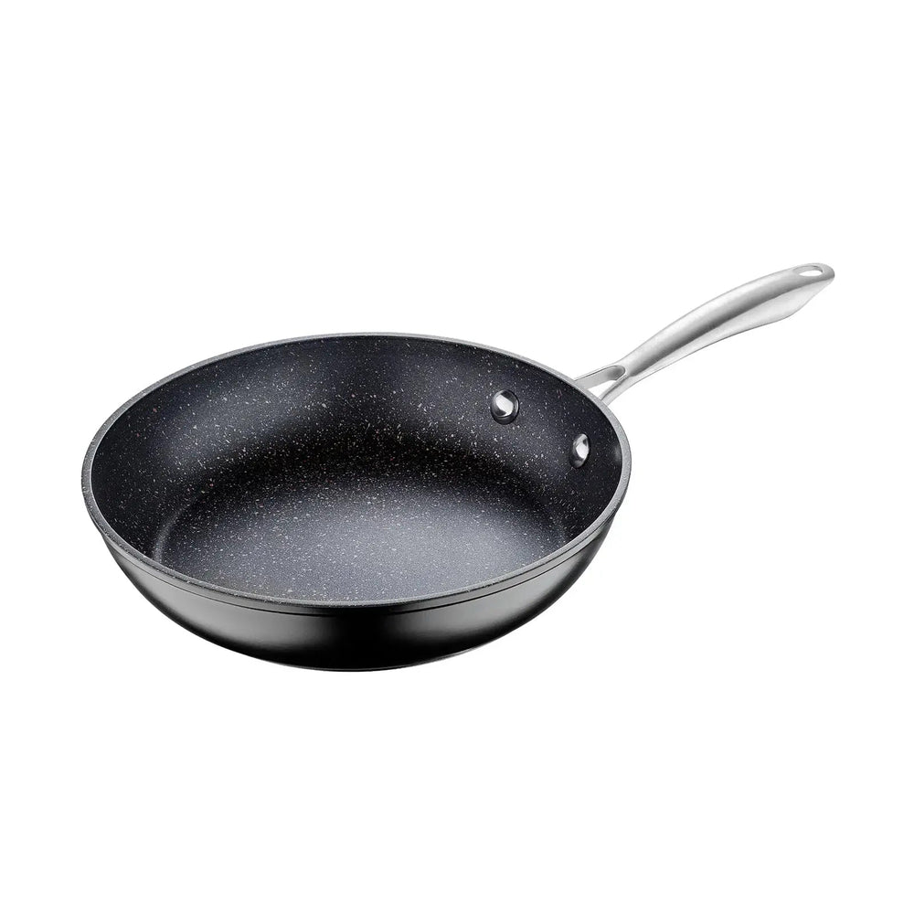 24cm black non-stick frying pan with marble effect coating and stainless steel handle