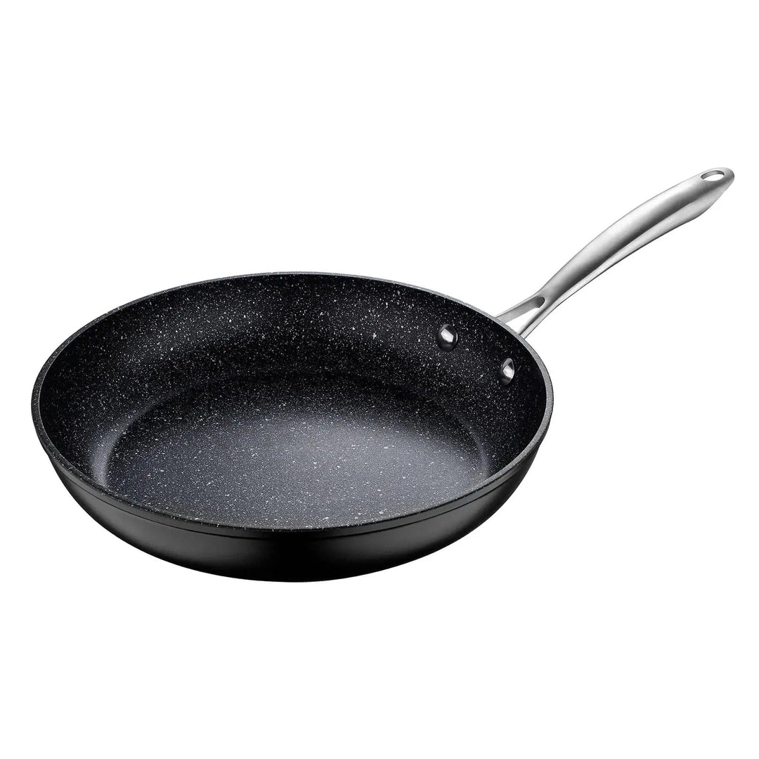 28cm black non-stick frying pan with marble effect coating and stainless steel handle