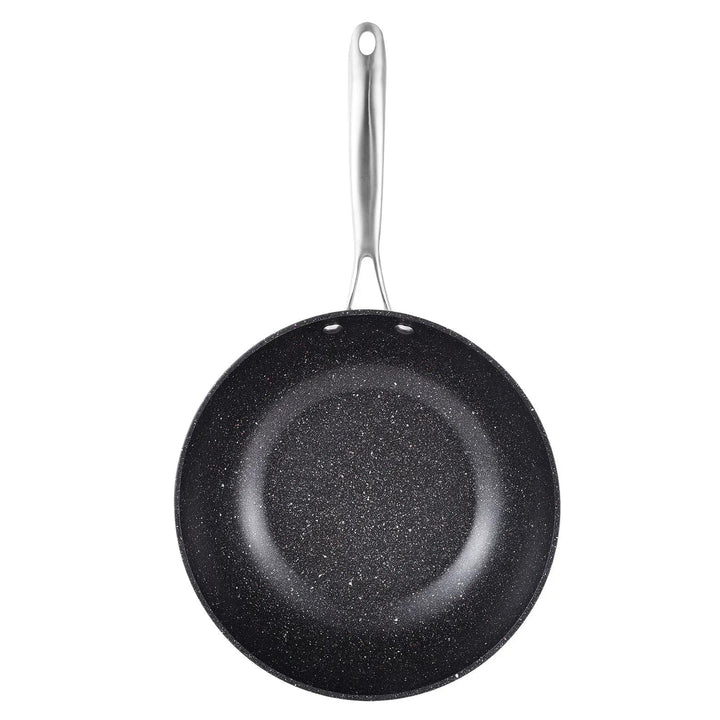 Top view of flat based wok with silver handle and black marbled effect coating