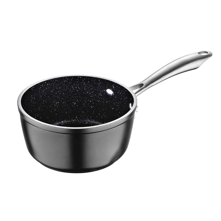 Small black saucepan with stainless steel handle