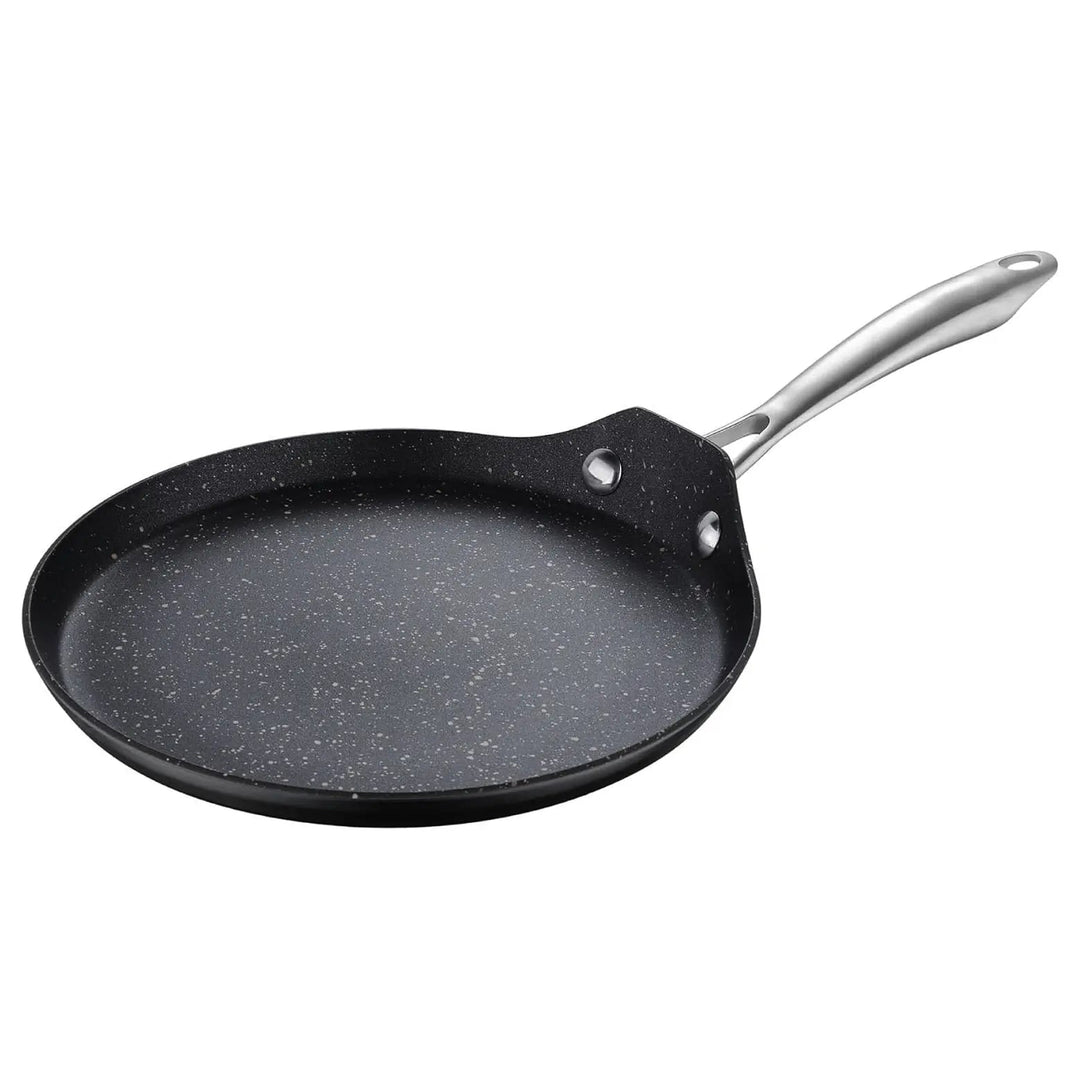 Round flat griddle pan with curved stainless steel handle and black marble effect pant coating