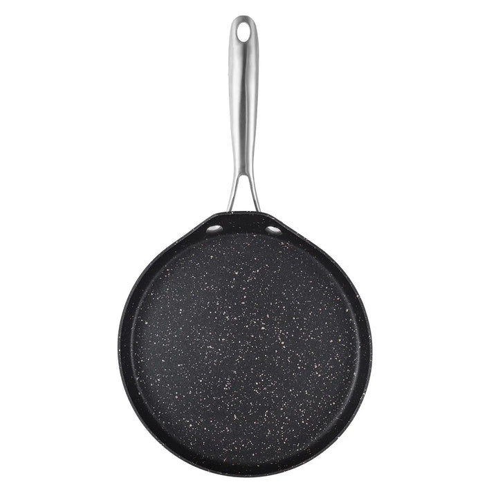 Top view of a black marble effect round griddle pan with silver handle and hanging hole