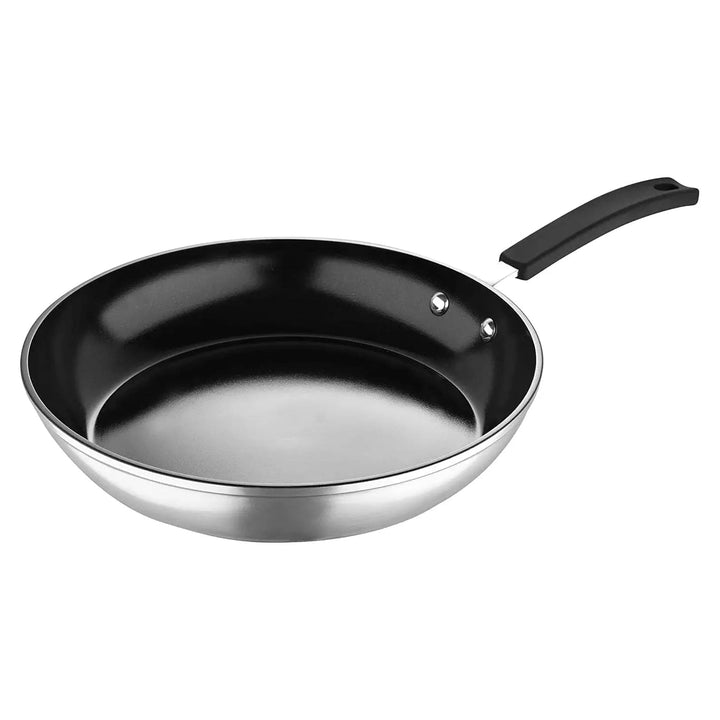 Silver frying pan with black non-stick interior and stay cool black handle