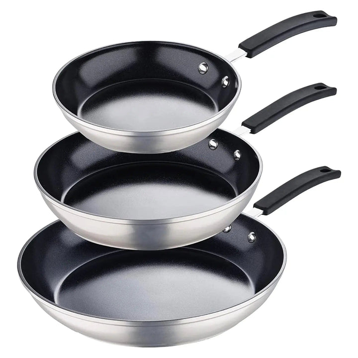 Set of 3 assorted size black and silver frying pans with black cool touch handles