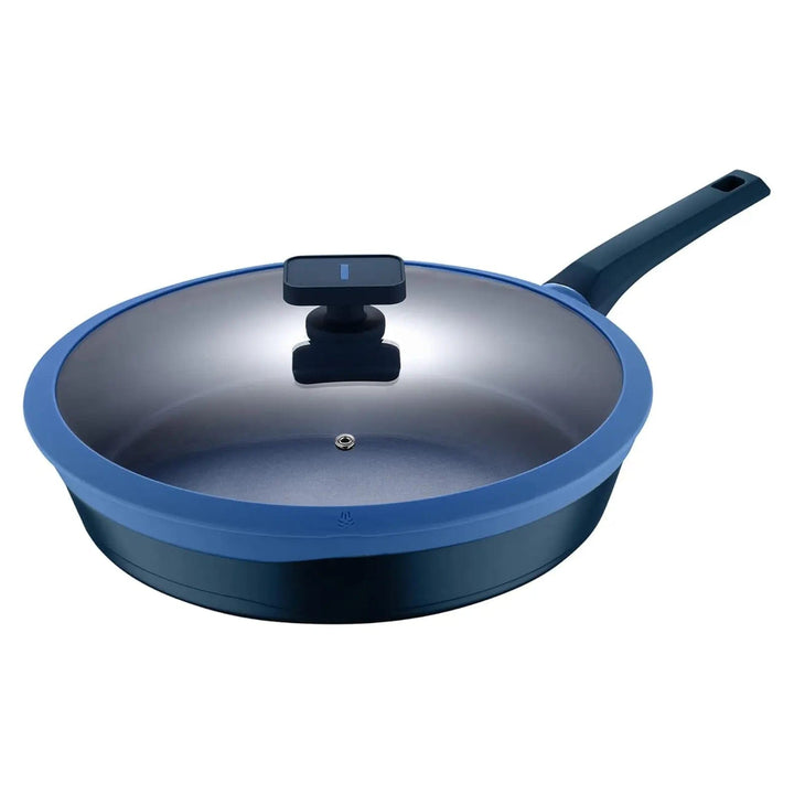 Two tone blue frying pan with glass lid