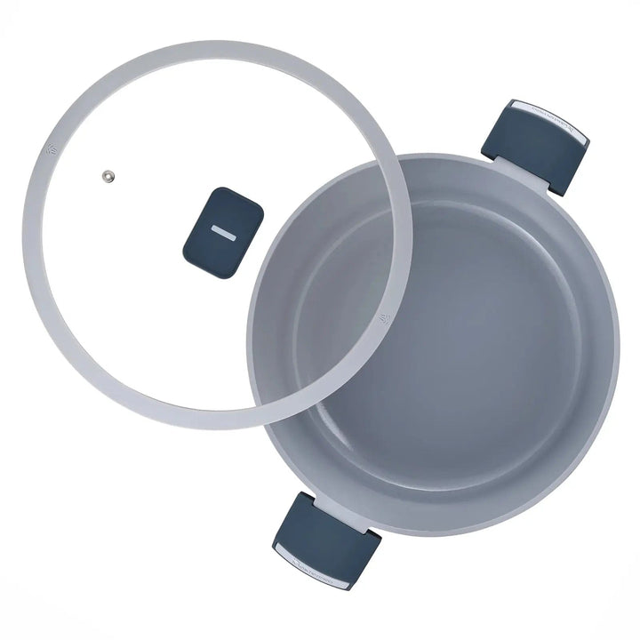 Top view of a grey casserole dish with glass lid and grey silicone seal