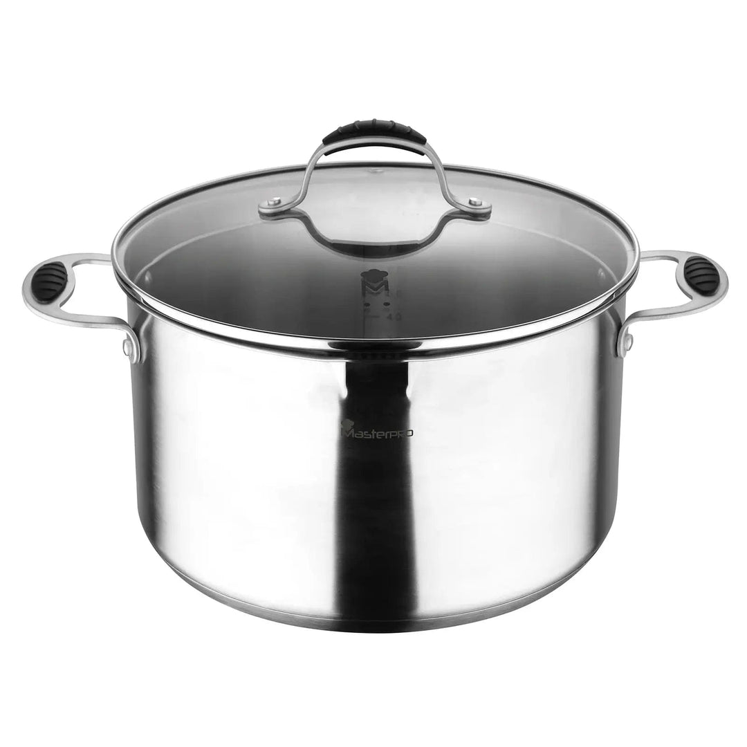 Large stainless steel stock pot with glass lid and silicone grip handles for safety