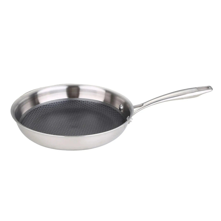 Stainless steel frying pan with black honeycomb etched non-stick coating