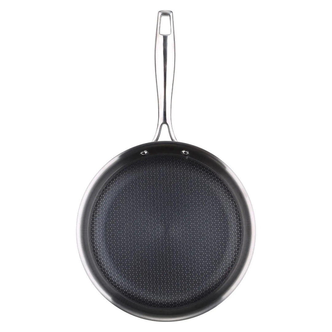 Overhead view of a stainless steel frying pan with black honeycomb pattern non-stick surface