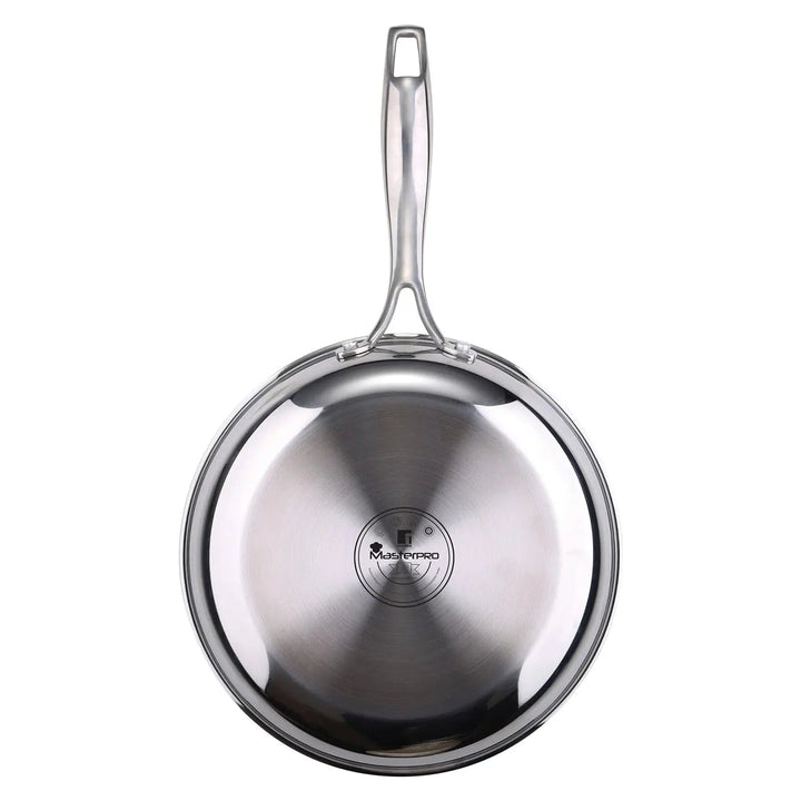 Base of a polished steel MasterPro frying pan